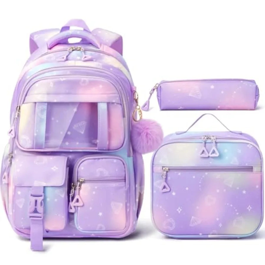 Backpack for School Girls 3Pcs Waterproof Girls Backpack with Lunch Box and Pencil Pouch - Lightweight Blue Bookbag for Ages 6+