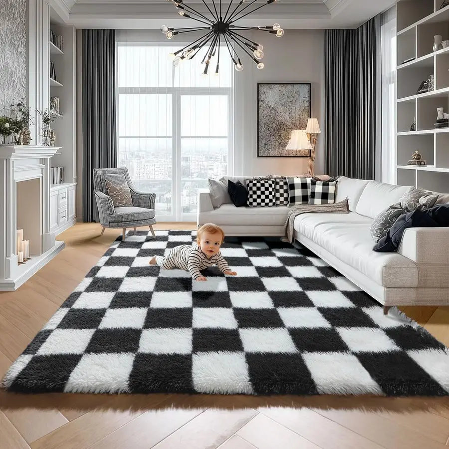 Area Rug Black and White Fluffy Shag Soft Checkered
