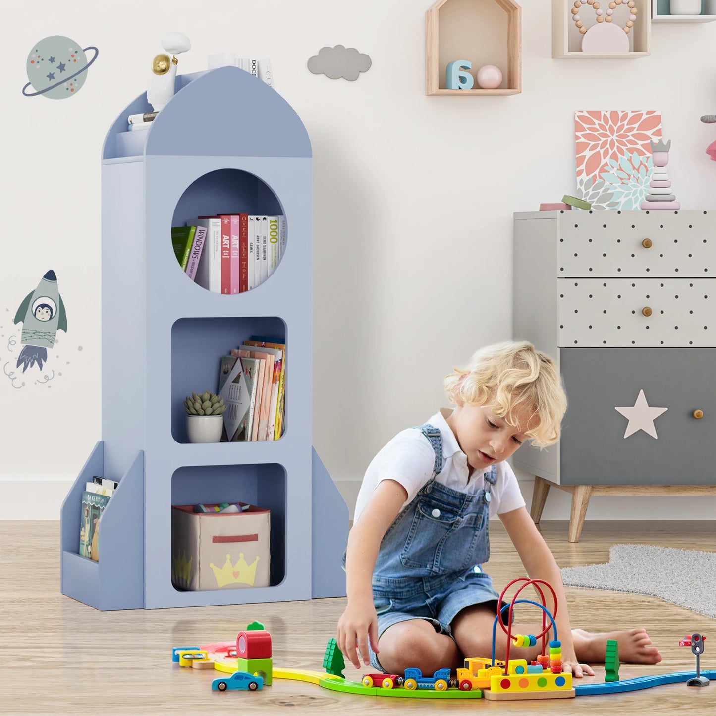 3-Tier Rocket Baby Book Shelf Side shelves, Wood Open Toddler Bookcase, Kids Bookshelf & Toy Storage, Spacious Display Organizer