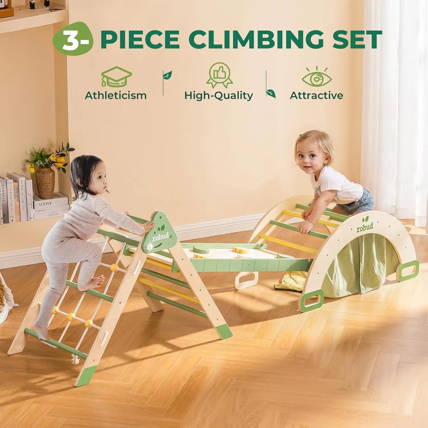 Robotime Robud 7 in 1 Triangle Set Foldable Wooden Climbing Toy Montessori Foldable Climbing Set with Rope Net