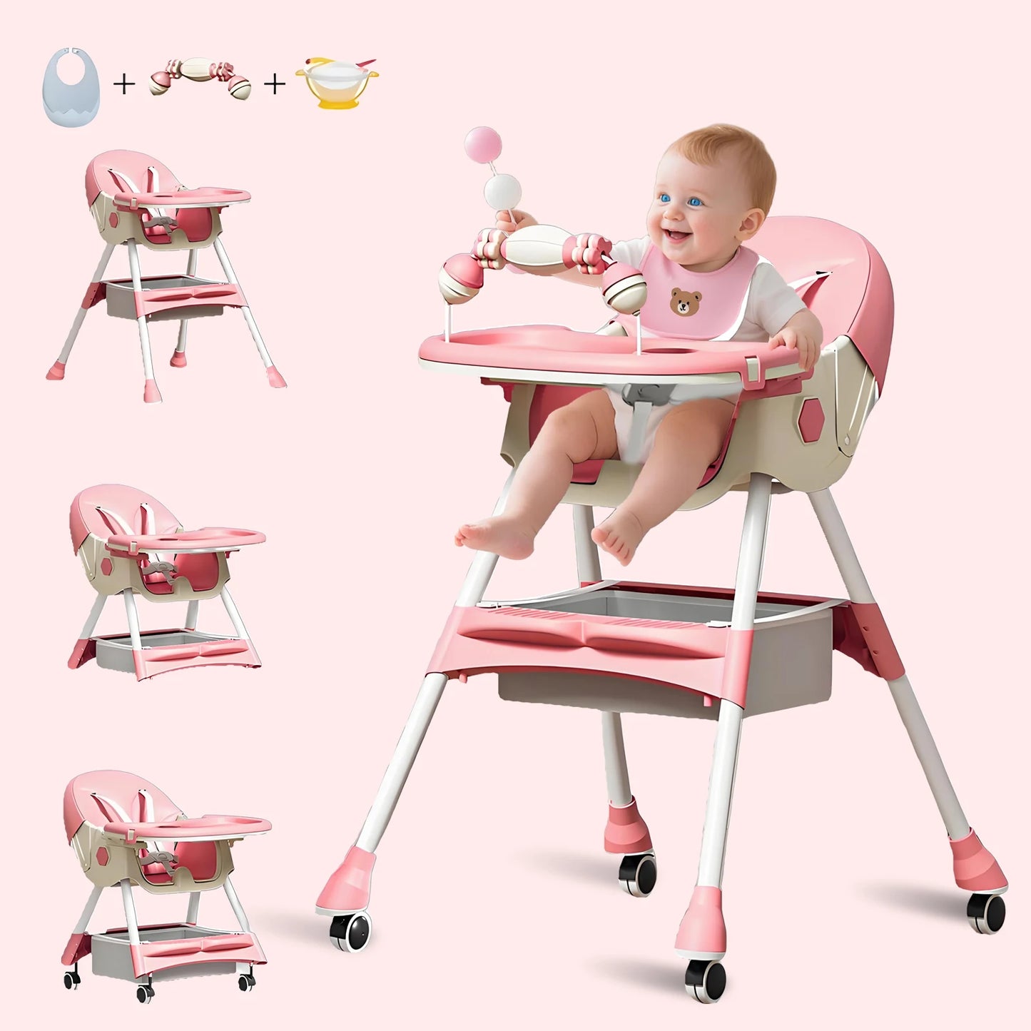 Foldable Baby High Chair Baby Dining Chair with Large Antislip Pad Toy Rack Easy to Clean Feeding Padding Case Accessories