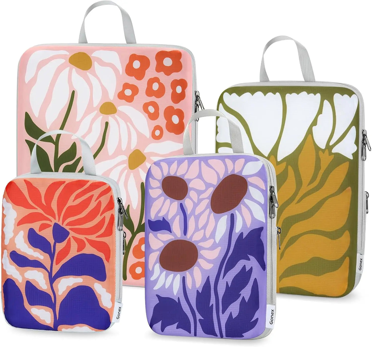 4pcs Expandable Compression Packing Cubes, Travel Luggage Organizers with Flowers Design for Suitcase Carry On