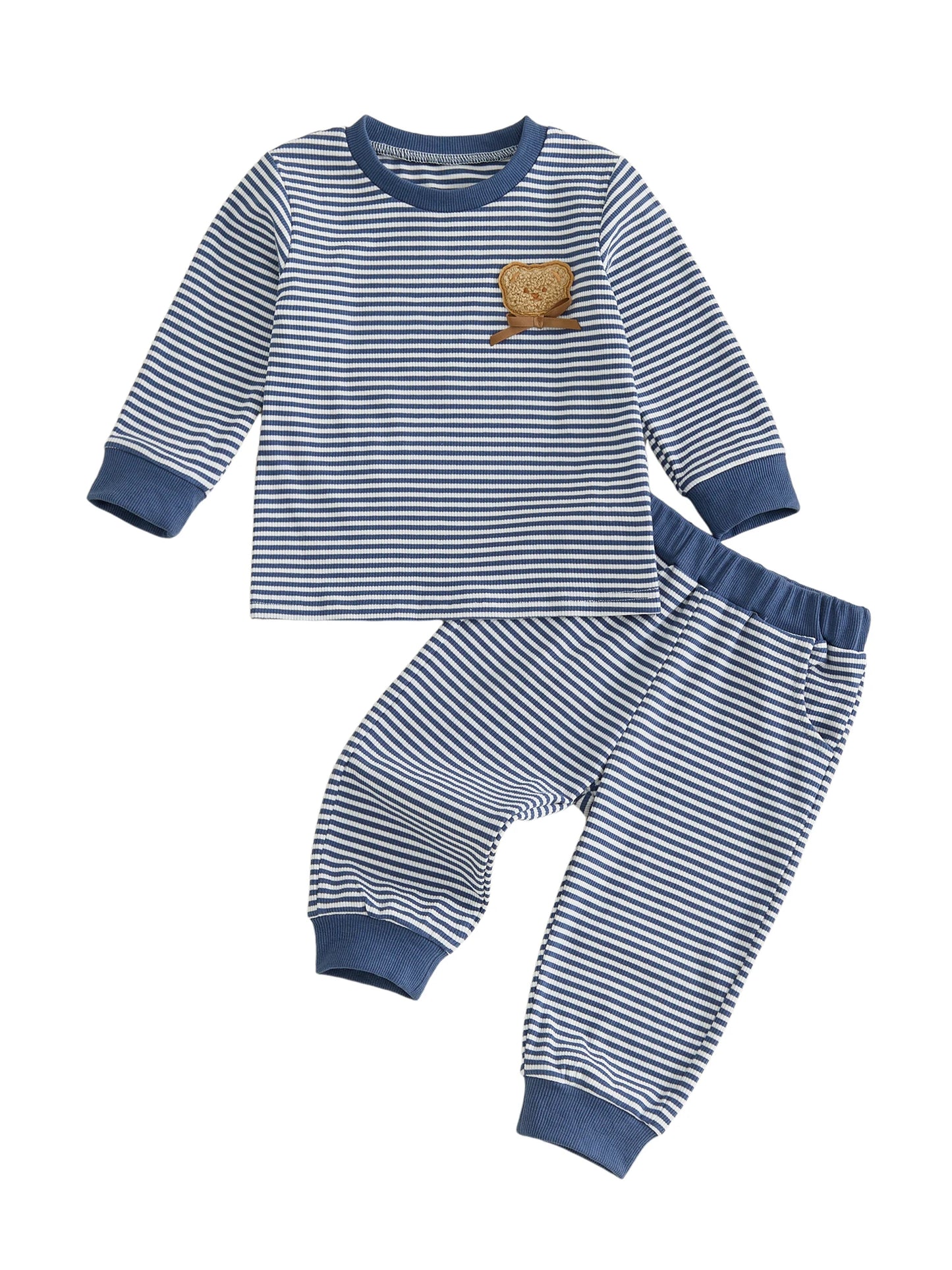 Striped Neck Sleeve-Crew-Neck Embroidery Striped Print Boy Fall Matching Toddler Crew Neck Bear High Quality Striped Neck