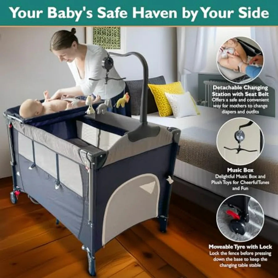5 in 1 Baby Bassinet Portable Crib Bedside Sleeper with Diaper Changer Playard Travel Pack and Play Newborn to Toddler