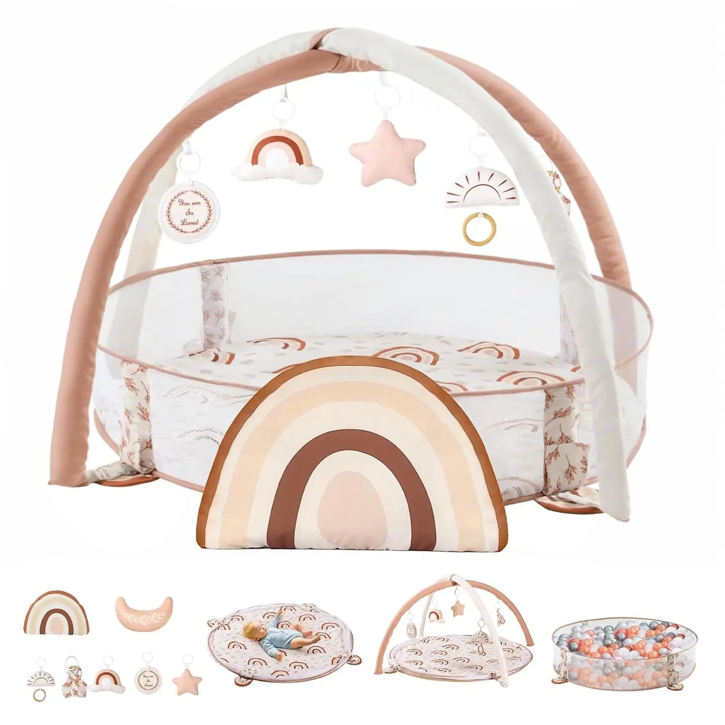 6-in-1 Large Baby Gym & Ball Pit, Play Mat with Milestone Cards for Sensory and Motor Skill Development