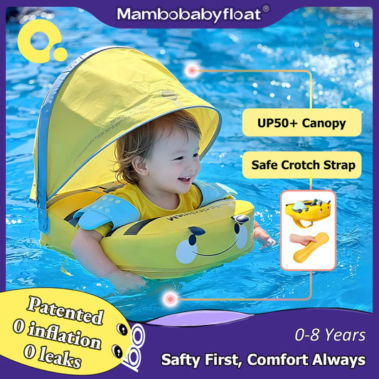 Mambobaby Float with Crotch Support 98% UV Protection Canopy Skin-friendly Baby Swim Ring Toddler Pool Float Infant Swim Circle