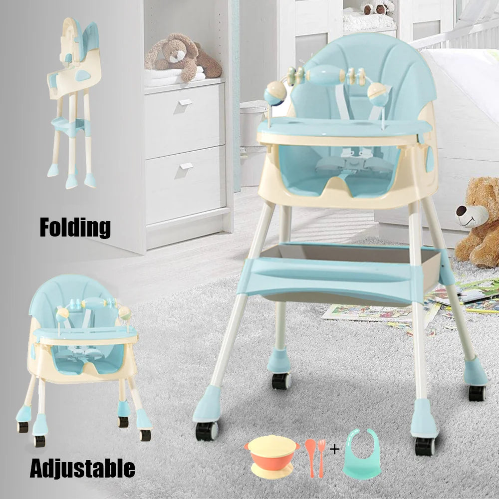 Foldable Baby High Chair Baby Dining Chair with Large Antislip Pad Toy Rack Easy to Clean Feeding Padding Case Accessories