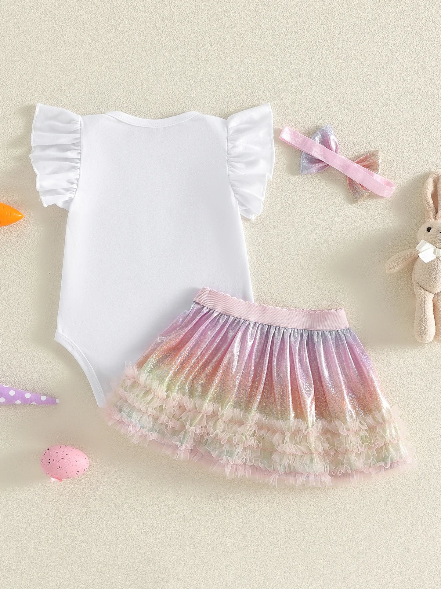 Adorable Baby Girl Easter Outfit with Bunny Ear Print Romper Rainbow Skirt and Bow Headband - 3 Piece Set for Her First