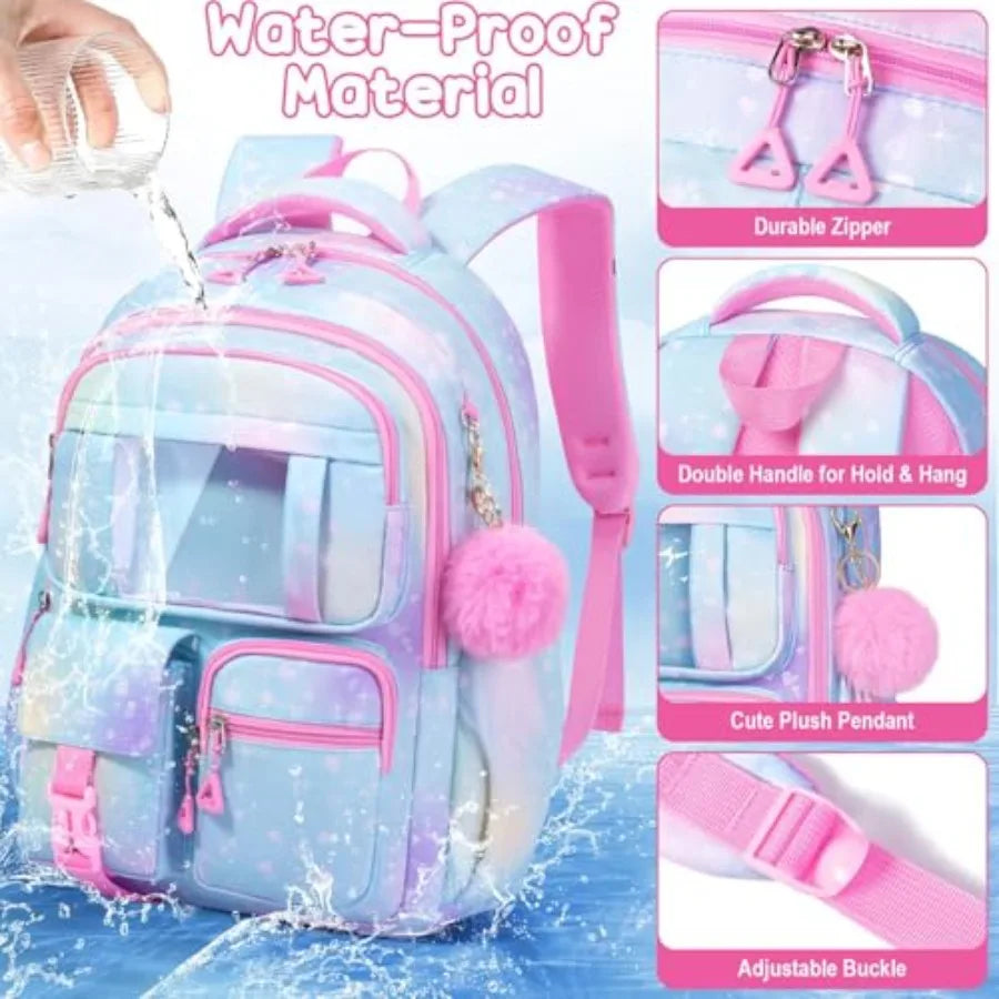 Backpack for School Girls 3Pcs Waterproof Girls Backpack with Lunch Box and Pencil Pouch - Lightweight Blue Bookbag for Ages 6+