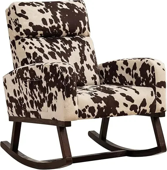 Nursery rocking chair, cow printed fabric gliding chair, high backrest side pockets, and extended wooden structure daycare chair