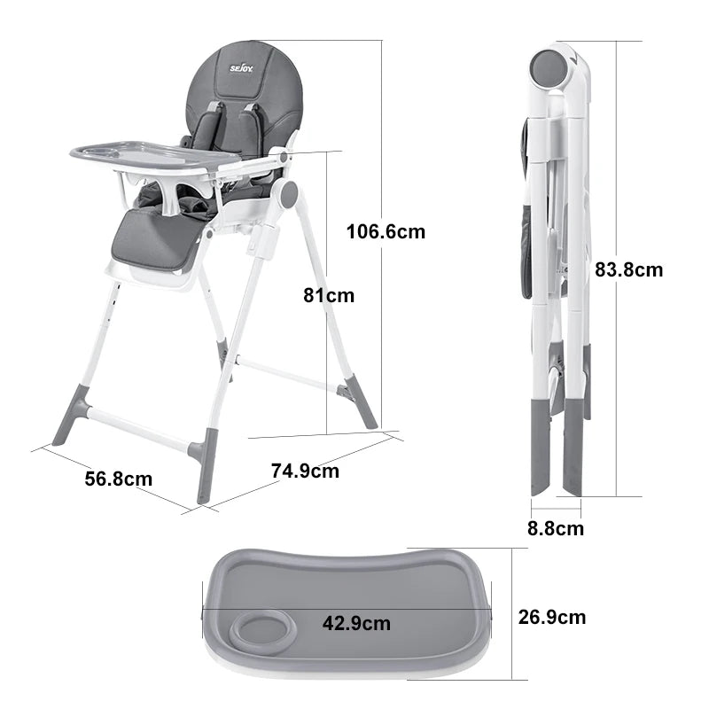Sejoy Adjustable Baby High Chair with 5-Point Harness 3-Position Tray & Wheels CE/CPC Certified Children's Dining Chair