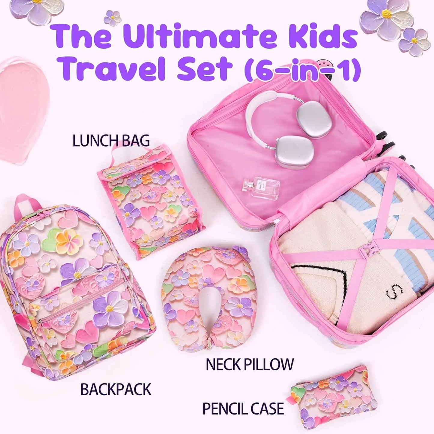 Kids' 6-Piece Hardside Luggage Set with Spinner Wheels, Airline Approved Carry-On for Travel