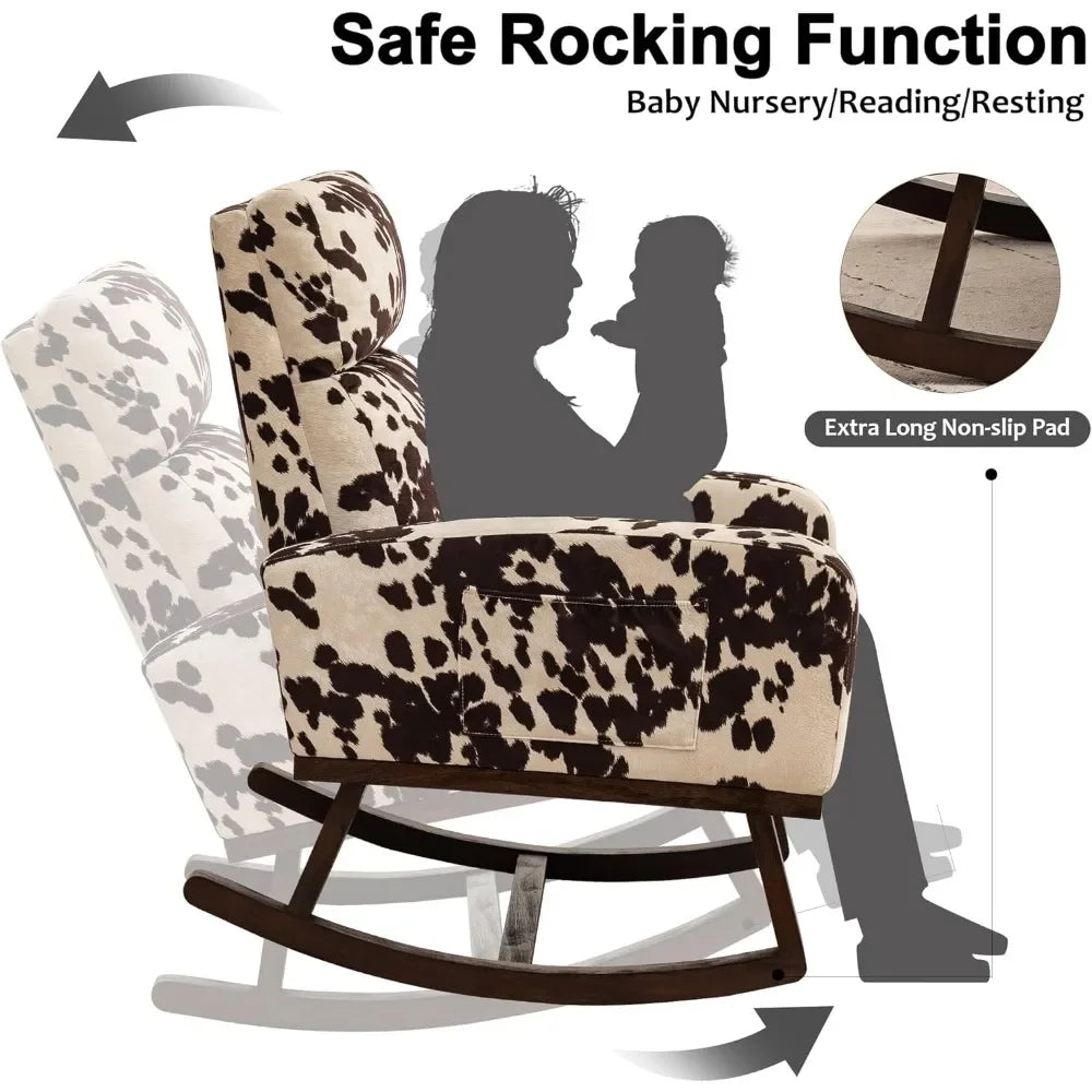 Nursery rocking chair, cow printed fabric gliding chair, high backrest side pockets, and extended wooden structure daycare chair