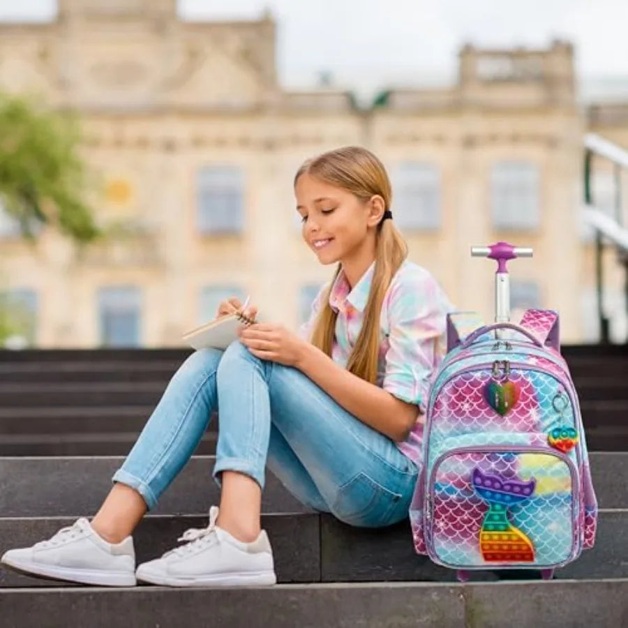 Mermaid Rolling Backpack for Girls Wheels Backpacks for Elementary Student Wheeled Trolley Trip Luggage