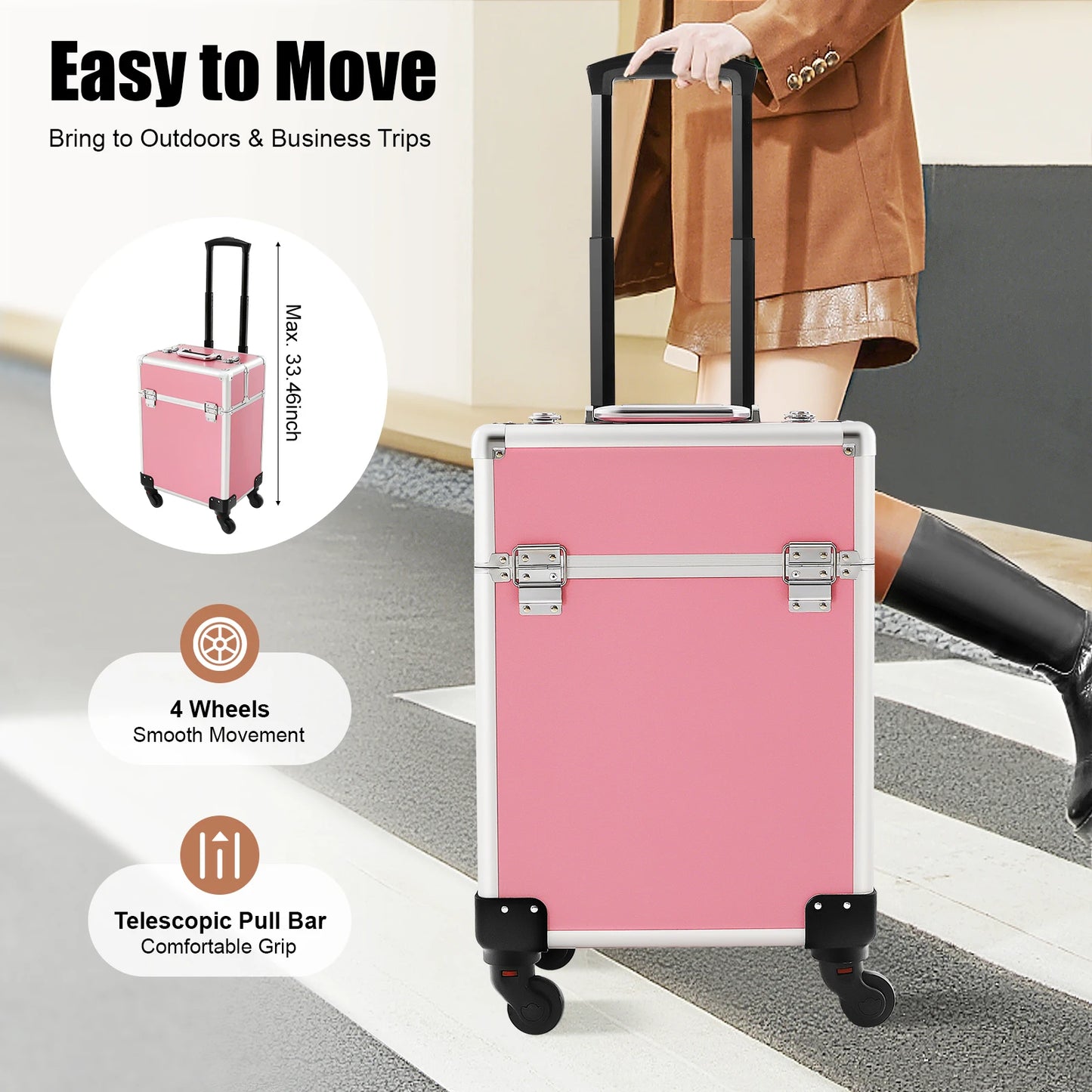 Rolling Makeup Train Case,Cosmetic Trolley with Keys,Hairdressing Travel Case,Large Capacity Trolley Makeup Box,Pink/Black