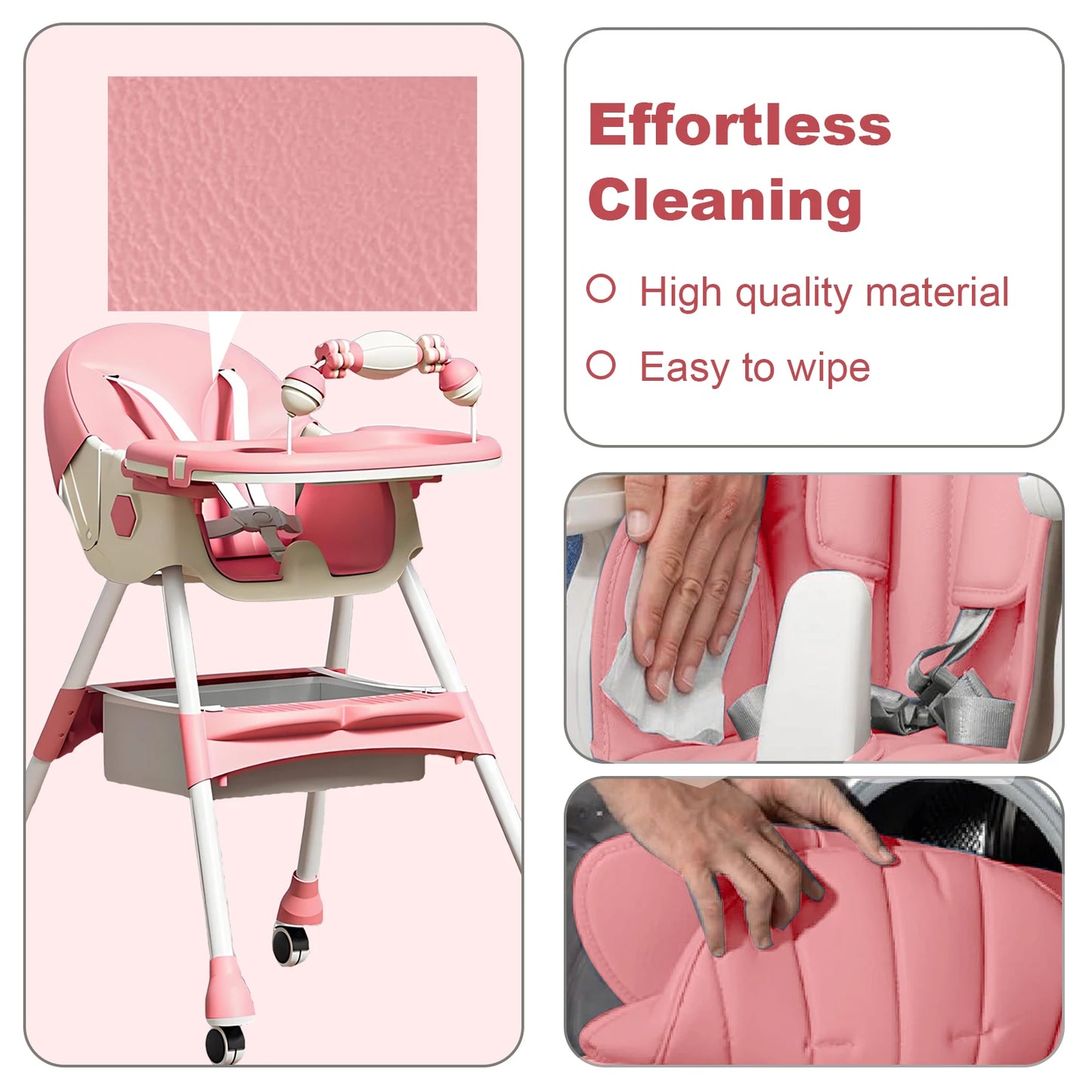 Baby Dining Chair Foldable Baby High Chair 6 Months Plus With Toyrack Easy To Clean Feeding With Brakeable Universal Wheel