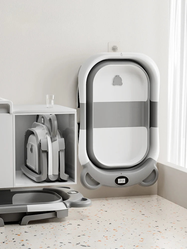 Portable Travel Bathtub, Collapsible Baby Bathtub, with Thermometer & 1 Soft Floating Cushion