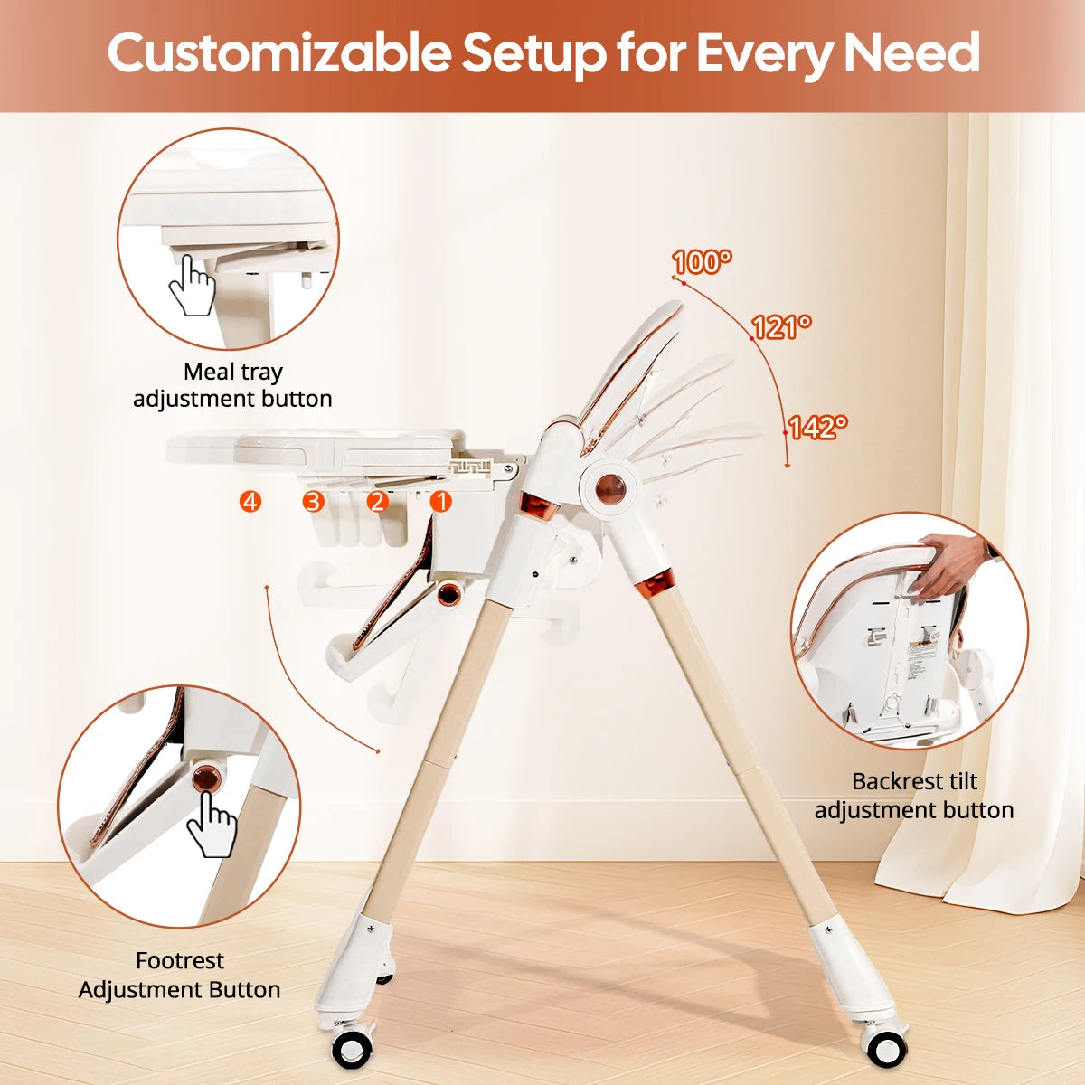 Baby High Chair, 3-in-1 Foldable Booster Seat with Adjustable Height, Recliner, 5-Point Safety Harness, Removable Tray, Lockable