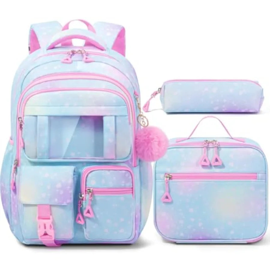 Backpack for School Girls 3Pcs Waterproof Girls Backpack with Lunch Box and Pencil Pouch - Lightweight Blue Bookbag for Ages 6+