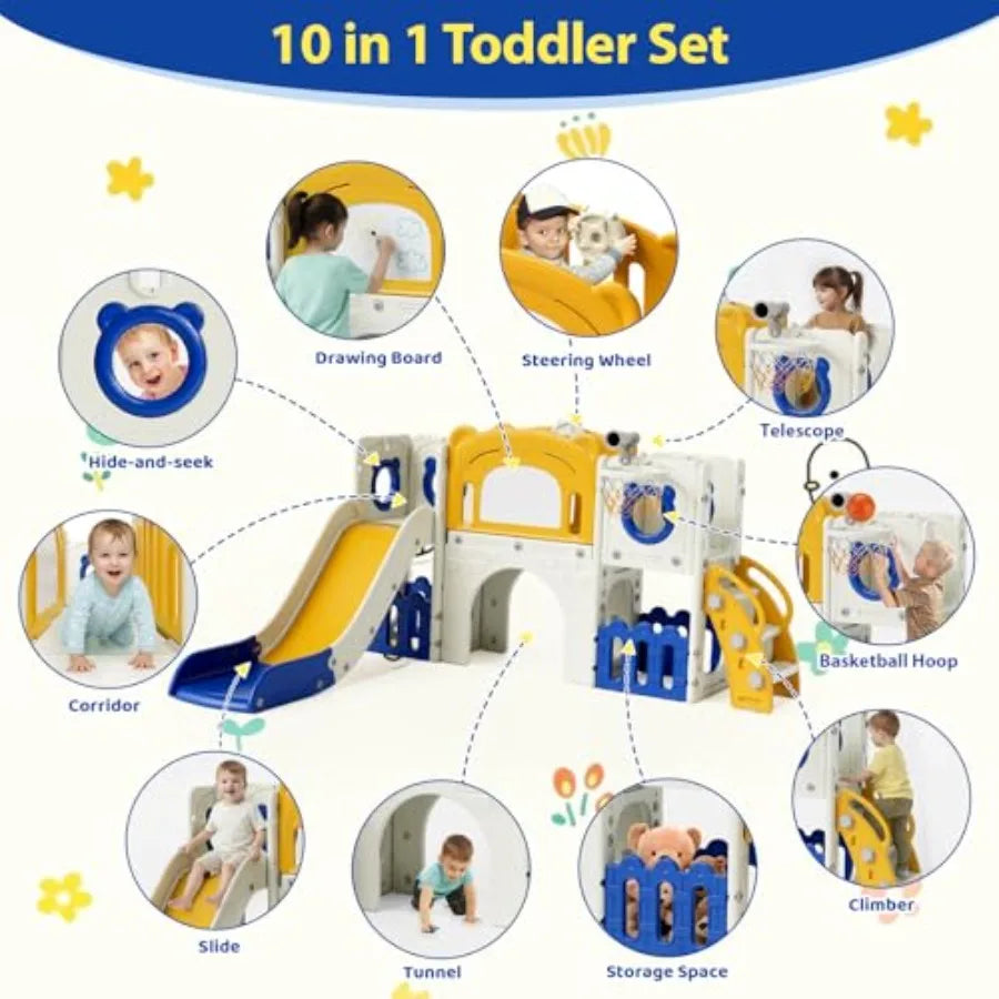 10-in-1 Large Toddler Slide Set Slide Climber Playset with Drawing Board Basketball Hoop Sturdy Baby Playground Indoor Outdoor