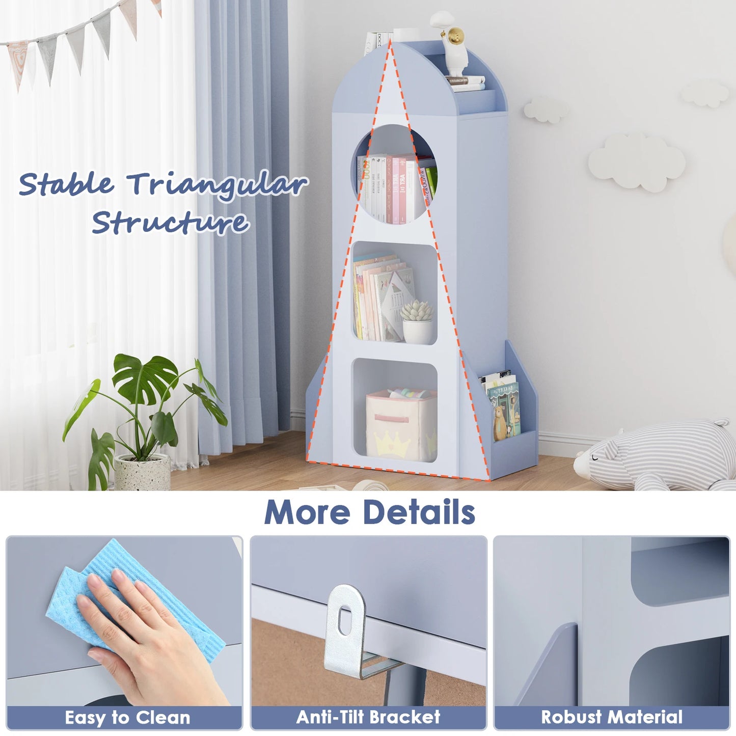 3-Tier Rocket Baby Book Shelf Side shelves, Wood Open Toddler Bookcase, Kids Bookshelf & Toy Storage, Spacious Display Organizer
