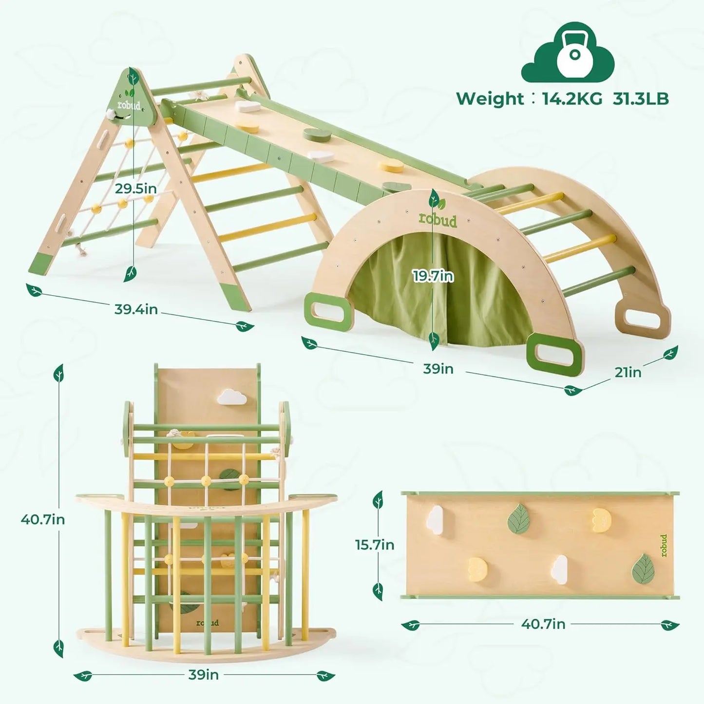 Robotime Robud 7 in 1 Triangle Set Foldable Wooden Climbing Toy Montessori Foldable Climbing Set with Rope Net