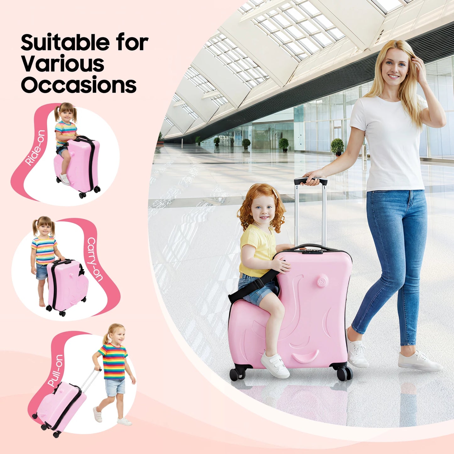 20" Kids Ride-On Suitcase Portable Kids Trolley Suitcase, Children's Trolley Case w/ Seat Pink Travel Luggage w/ 4 Wheels Lock