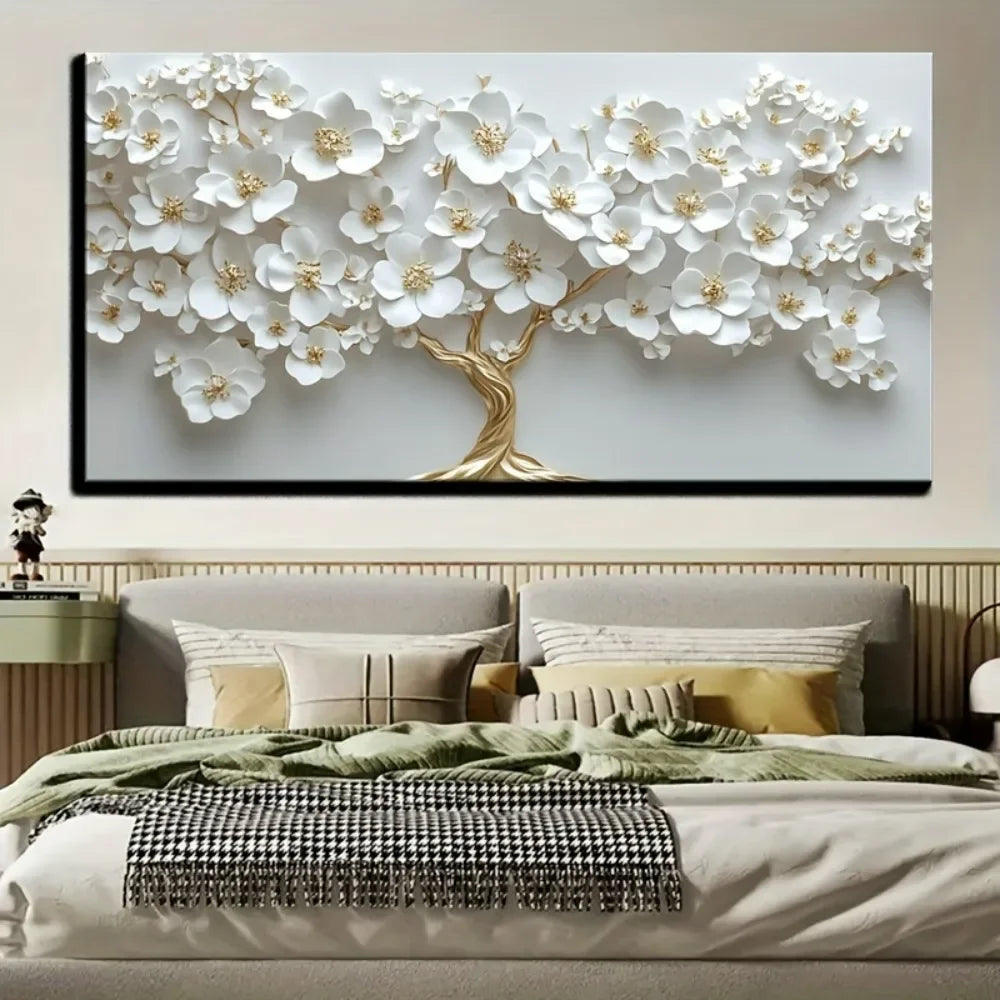 1 Nordic white flower oil painting on canvas, Modern art Decor