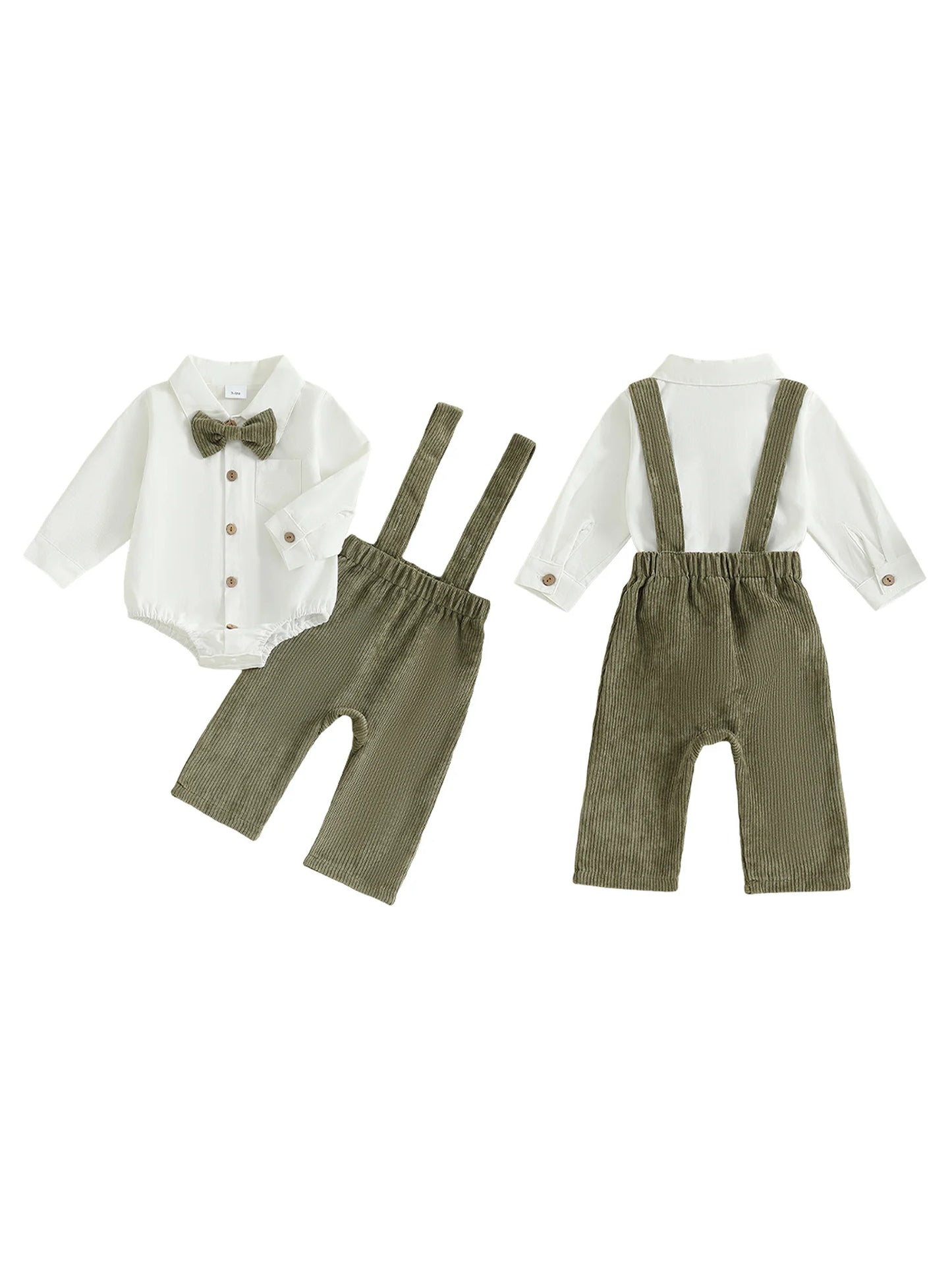Baby Boy Formal Wear Set Solid Color Button up Shirt Romper with Bow Tie and Suspender Pants for Gentleman Style