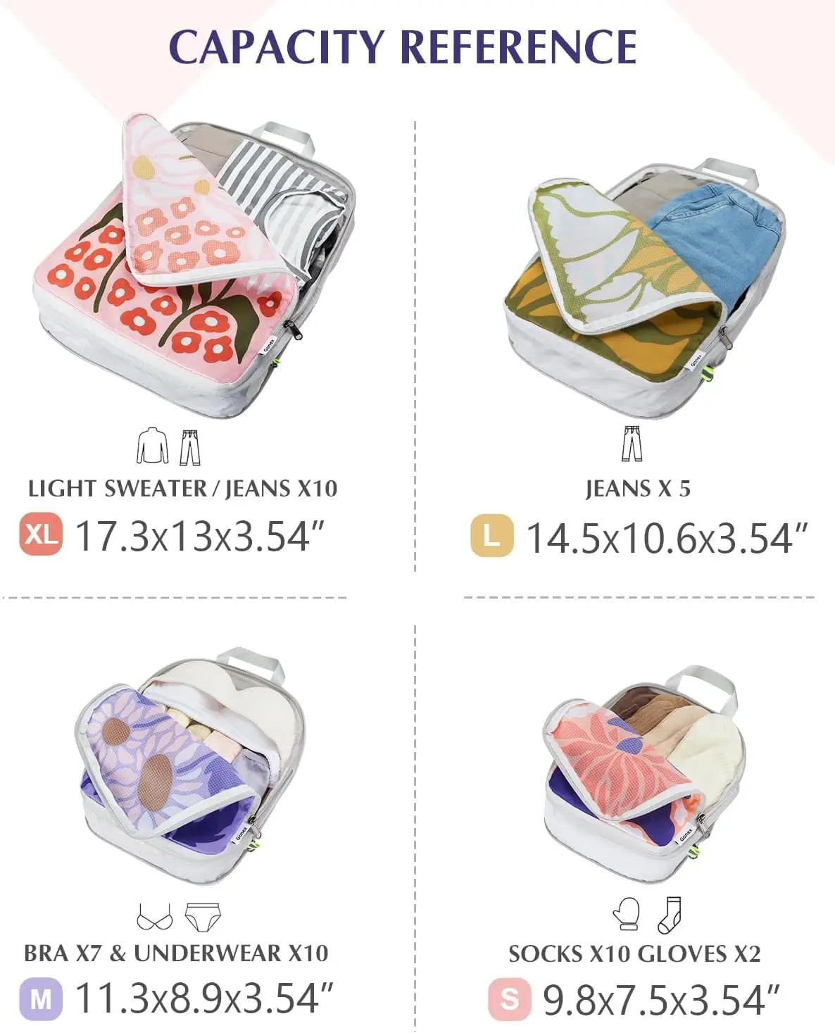 4pcs Expandable Compression Packing Cubes, Travel Luggage Organizers with Flowers Design for Suitcase Carry On