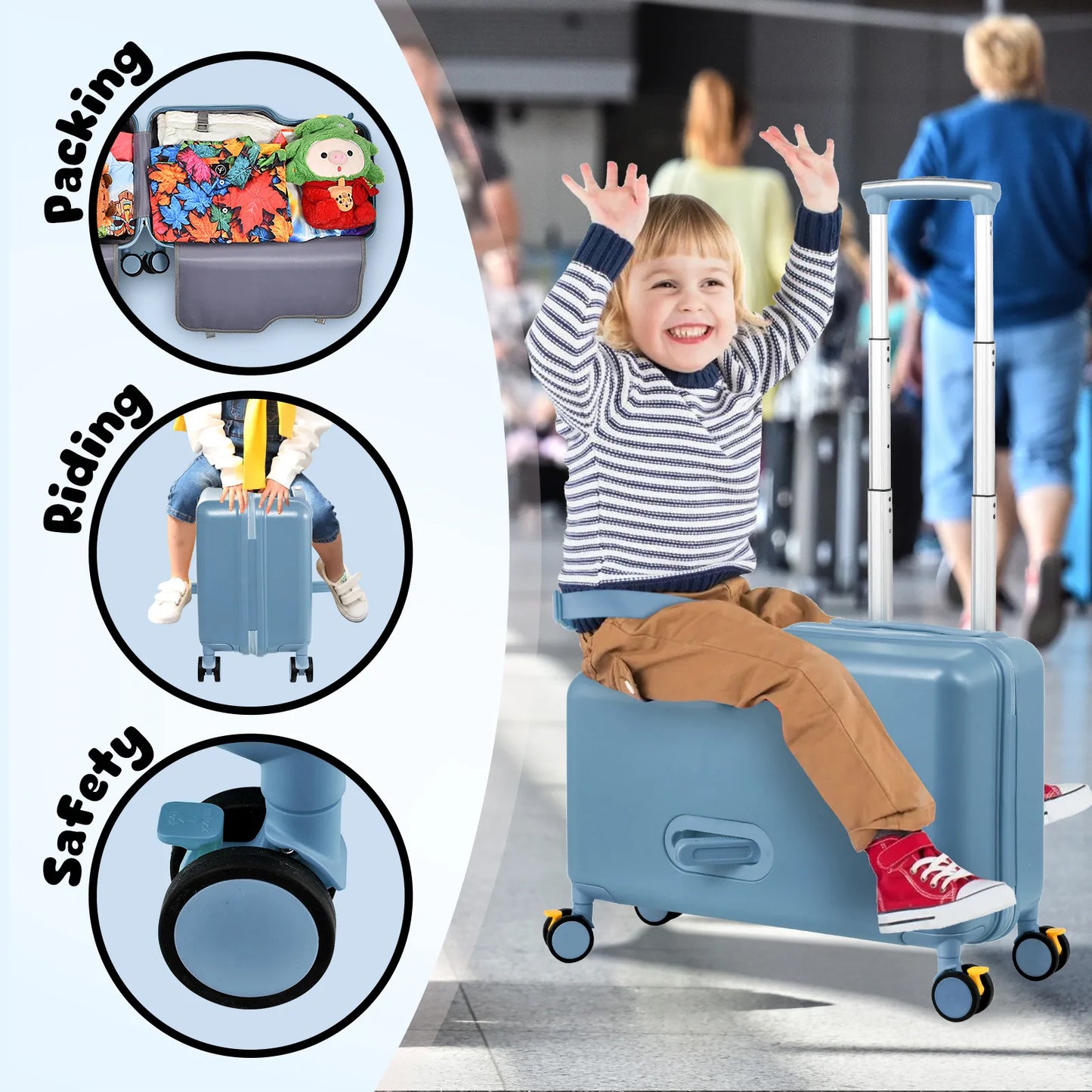 Kids Ride-On Suitcase Children's Travel Suitcase 20 Inch Travel Carrier Cabin Case with Foot Pedal, Wheels, Safe Harness Stroller