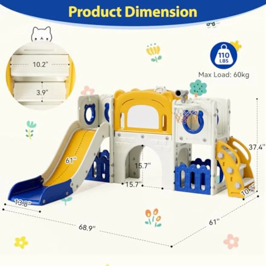 10-in-1 Large Toddler Slide Set Slide Climber Playset with Drawing Board Basketball Hoop Sturdy Baby Playground Indoor Outdoor