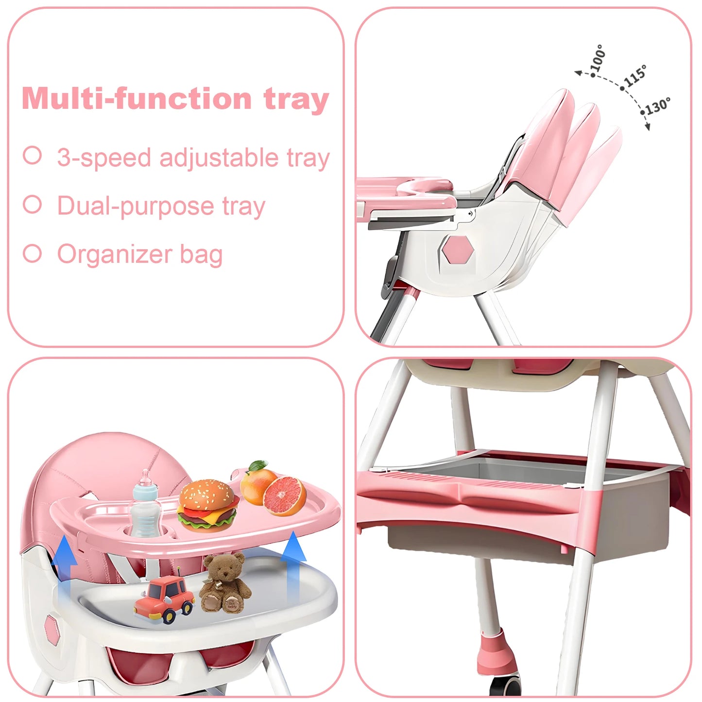 Foldable Baby High Chair Baby Dining Chair with Large Antislip Pad Toy Rack Easy to Clean Feeding Padding Case Accessories