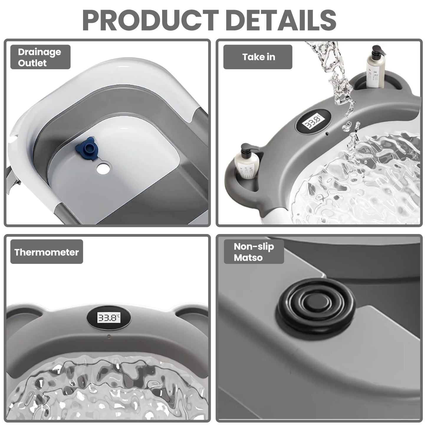 Portable Travel Bathtub, Collapsible Baby Bathtub, with Thermometer & 1 Soft Floating Cushion