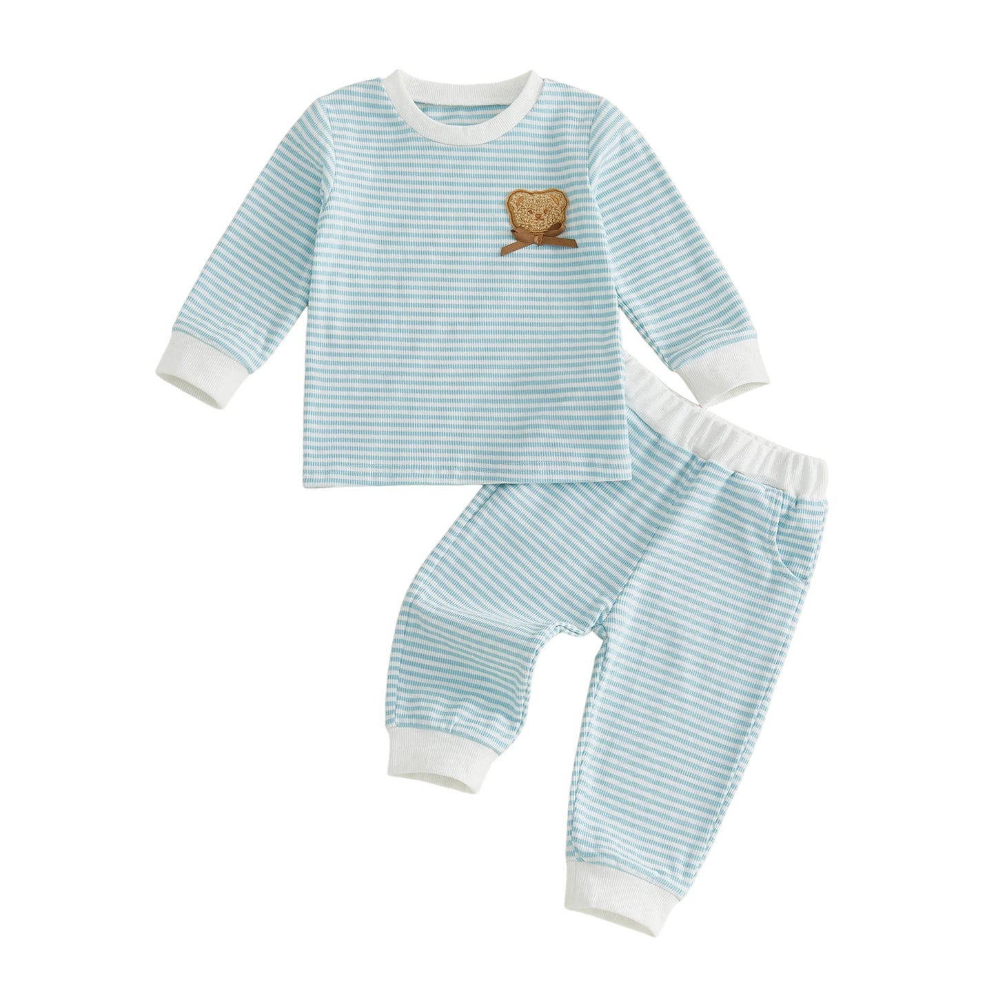 Striped Neck Sleeve-Crew-Neck Embroidery Striped Print Boy Fall Matching Toddler Crew Neck Bear High Quality Striped Neck