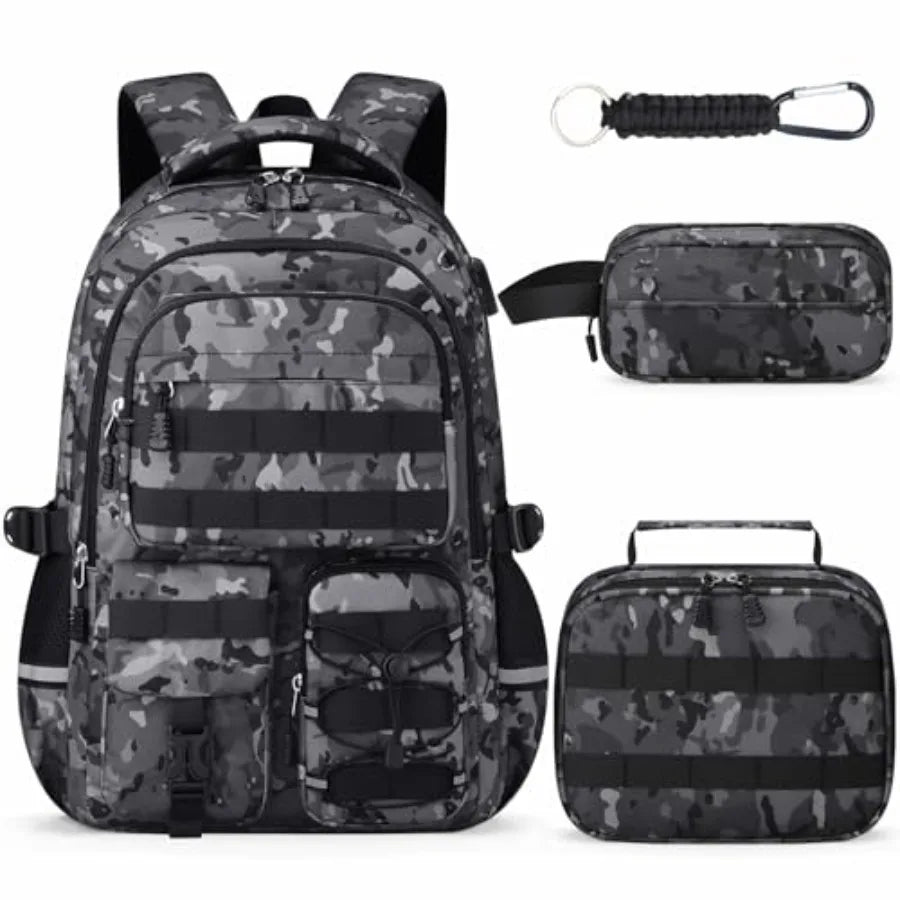 School Backpack for Boys - 4pcs Camo Boys Backpack with Lunch Box Set for Teens Elementary Middle High School - 18" Camouflag