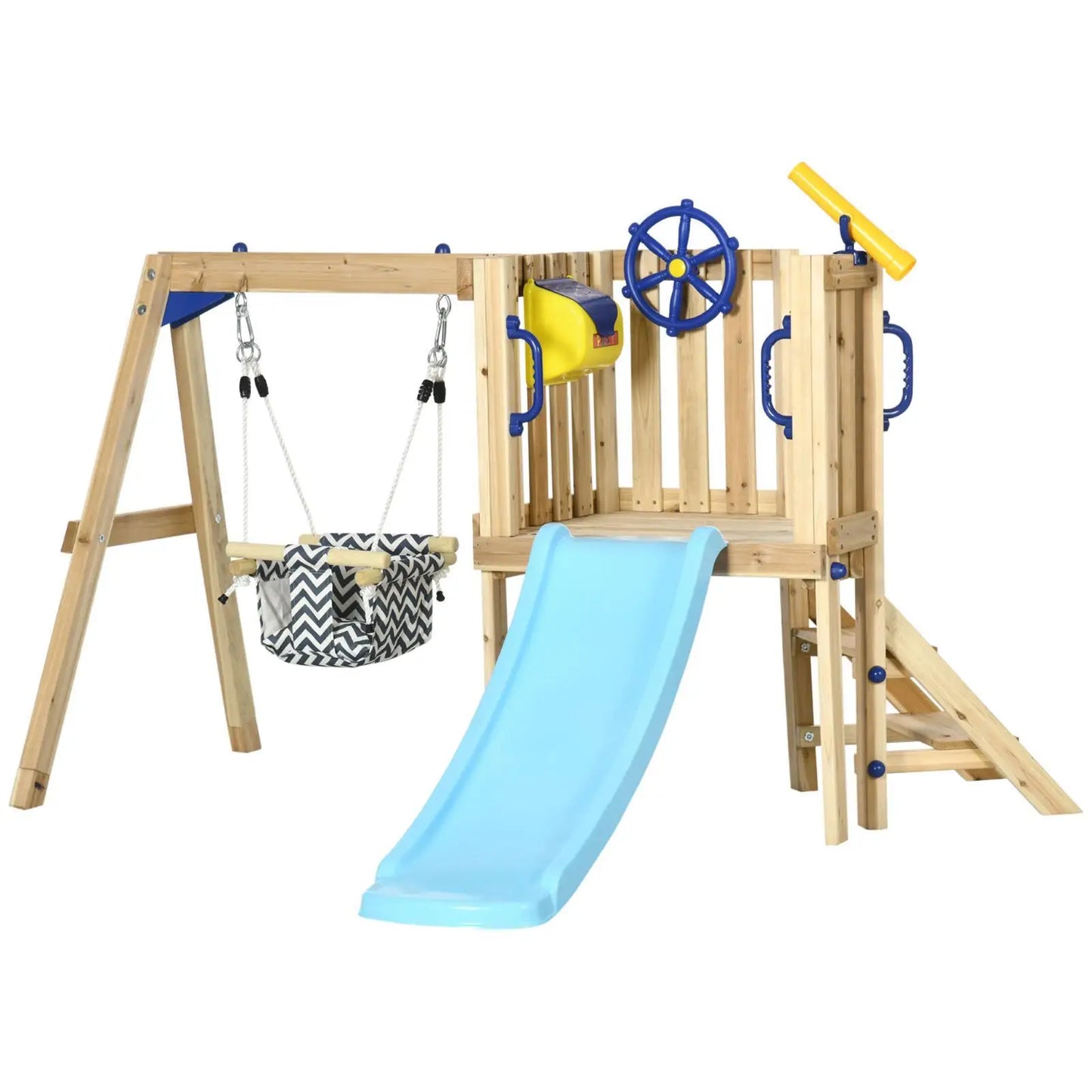 Backyard Wooden Swing and Slide Set with Baby Swing Toddler Slide and Telescope for Kids Playground Fun