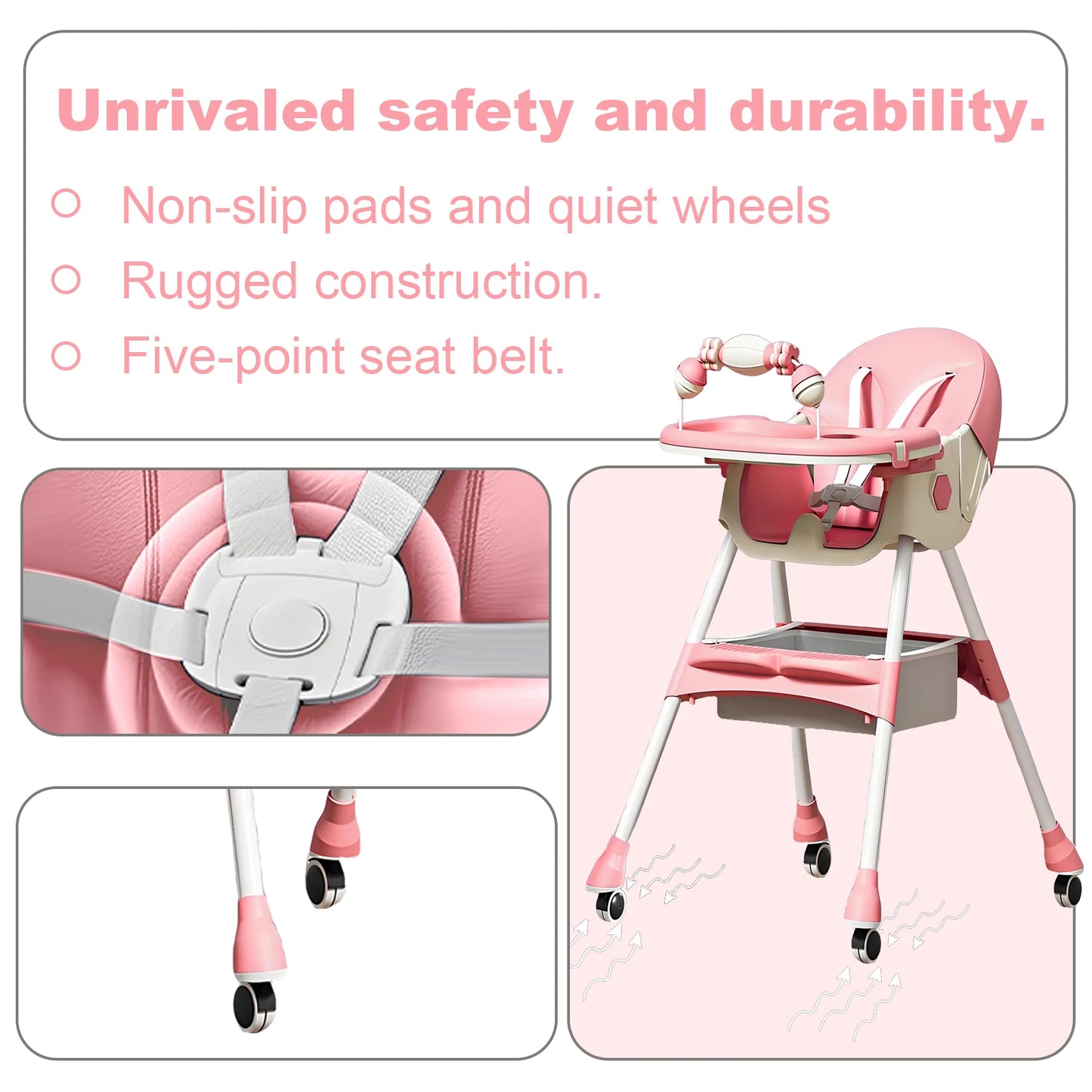Baby Dining Chair Foldable Baby High Chair 6 Months Plus With Toyrack Easy To Clean Feeding With Brakeable Universal Wheel