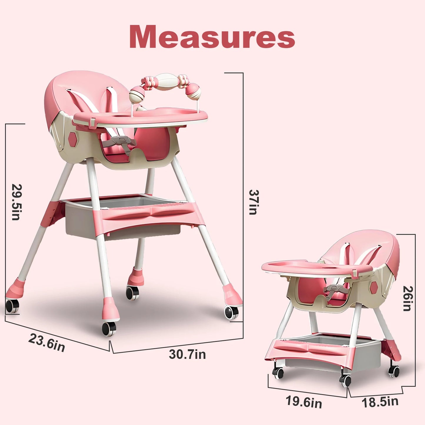 Baby Dining Chair Foldable Baby High Chair 6 Months Plus With Toyrack Easy To Clean Feeding With Brakeable Universal Wheel