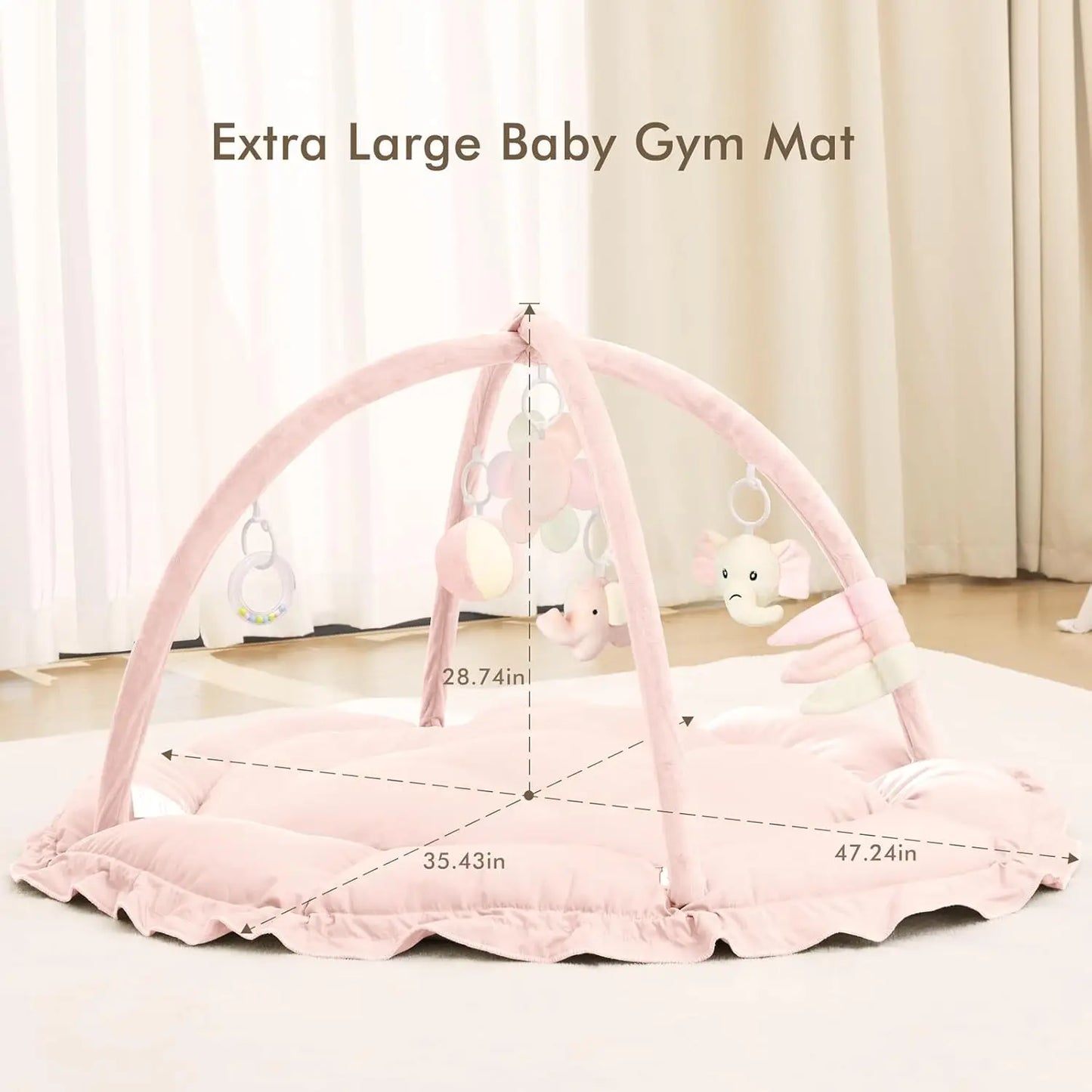 5-in-1 Baby Play Gym Mat with Reversible Tummy Time Pad and 5 Sensory Toys for Newborn to Toddler Development (Pink)