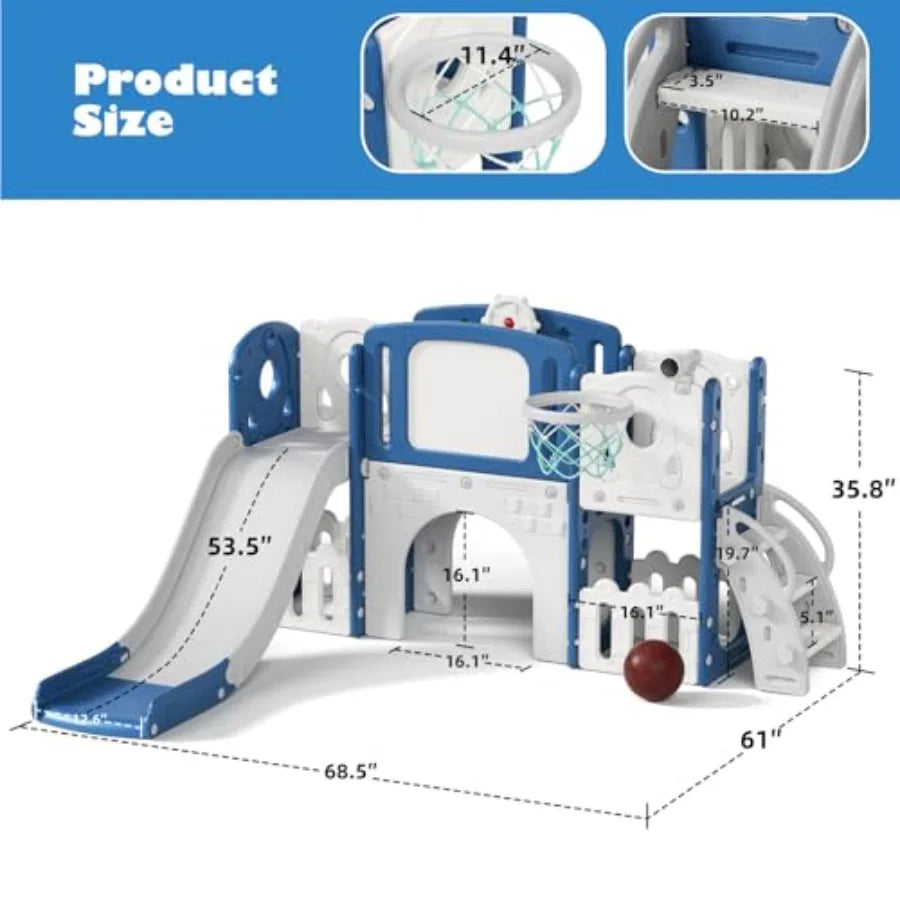 9 in 1 Toddler Slide Outdoor Playset Playground Baby Indoor Slides for Toddlers 1-3 with Climber Basketball Hoop Drawing Board