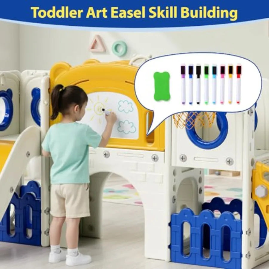 10-in-1 Large Toddler Slide Set Slide Climber Playset with Drawing Board Basketball Hoop Sturdy Baby Playground Indoor Outdoor
