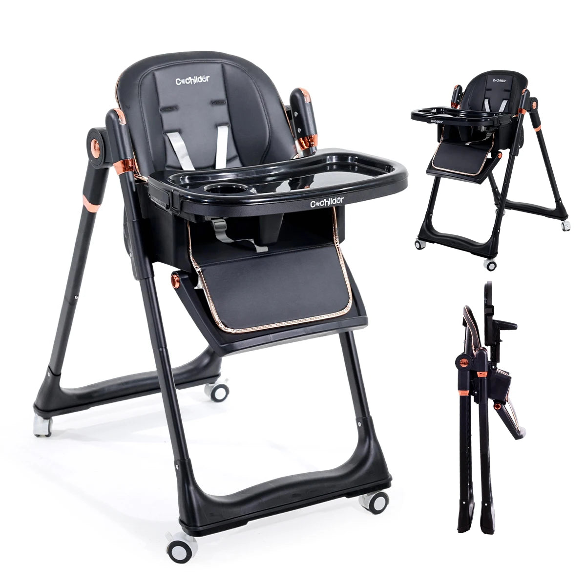 Baby High Chair, 3-in-1 Foldable Booster Seat with Adjustable Height, Recliner, 5-Point Safety Harness, Removable Tray, Lockable