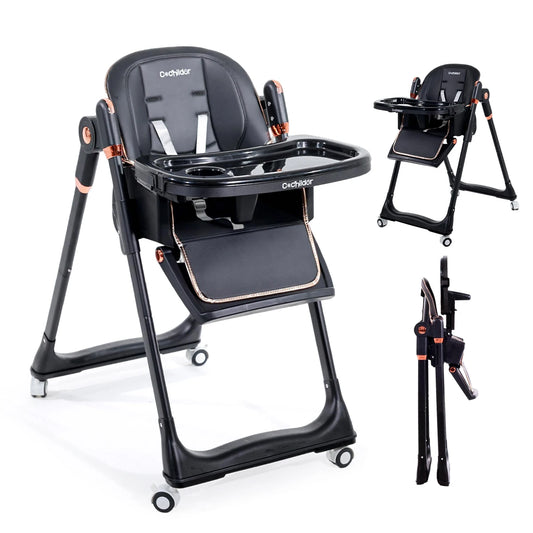 Baby High Chair, 3-in-1 Foldable Booster Seat with Adjustable Height, Recliner, 5-Point Safety Harness, Removable Tray, Lockable