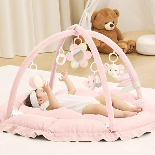 5-in-1 Baby Play Gym Mat with Reversible Tummy Time Pad and 5 Sensory Toys for Newborn to Toddler Development (Pink)