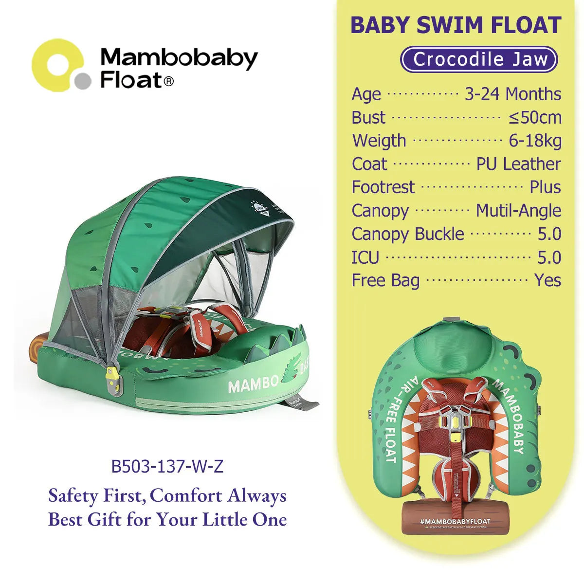 Mambobaby Float No-Slip Safe Harness ST-Cup Cake B503-150-W-Z  Safe Core No Inflation No Leaks Baby Swim Ring Toddler Pool Float