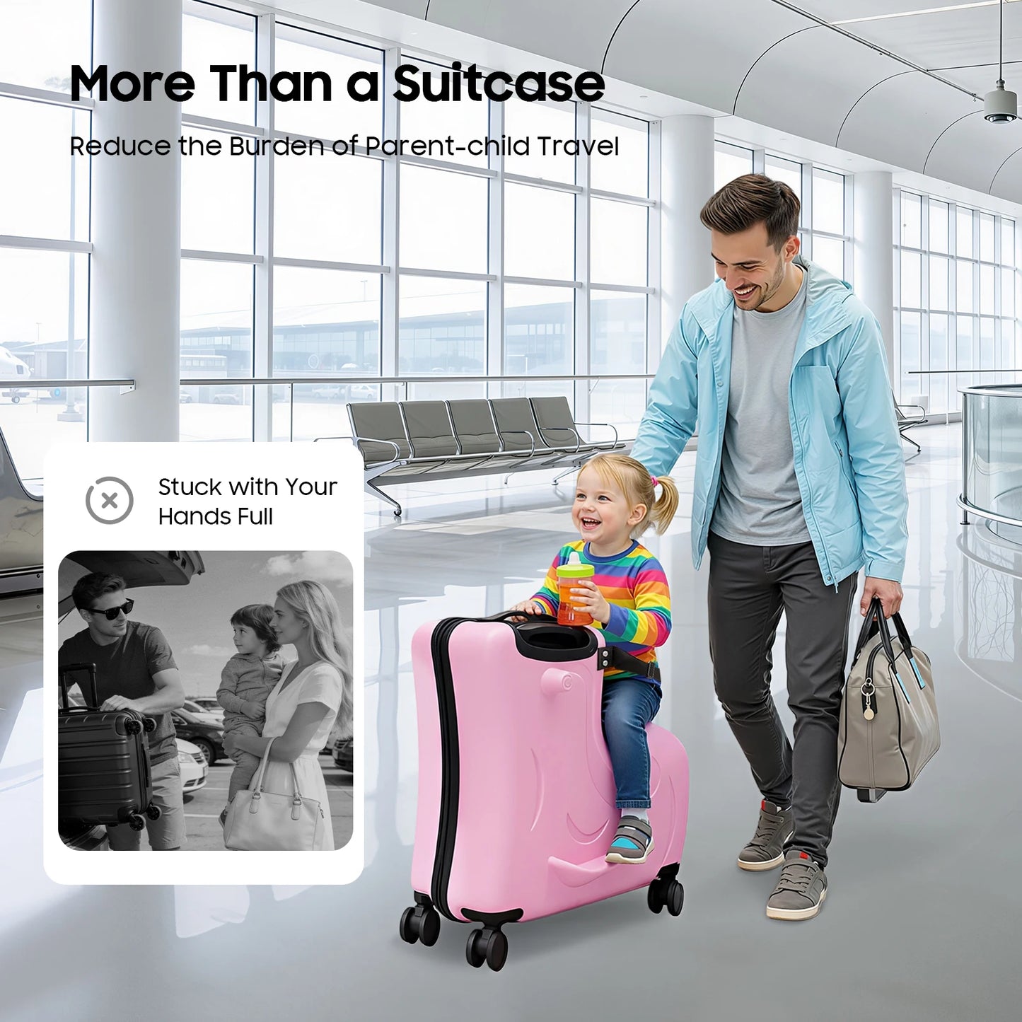 20" Kids Ride-On Suitcase Portable Kids Trolley Suitcase, Children's Trolley Case w/ Seat Pink Travel Luggage w/ 4 Wheels Lock