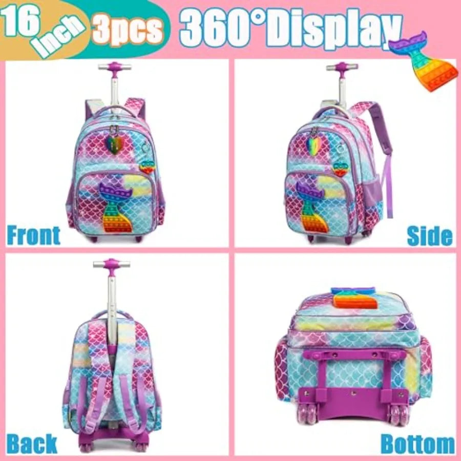 Mermaid Rolling Backpack for Girls Wheels Backpacks for Elementary Student Wheeled Trolley Trip Luggage