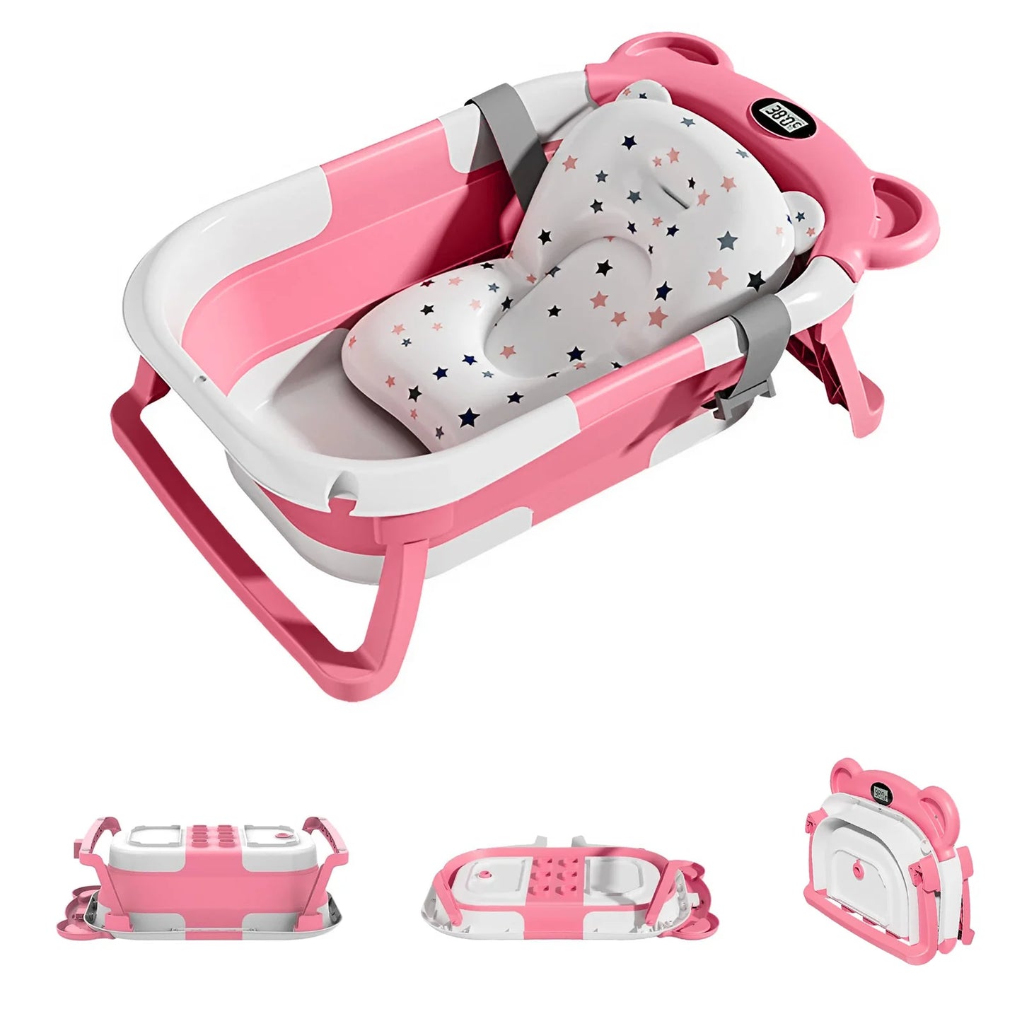 Portable Travel Bathtub, Collapsible Baby Bathtub, with Thermometer & 1 Soft Floating Cushion