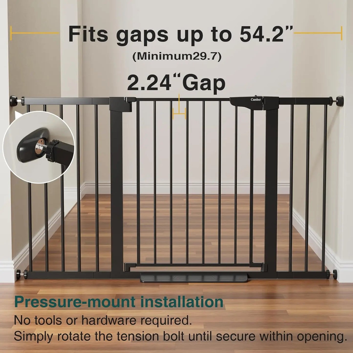 Wide Adjustable Baby Gate for Stairs and Doorways, Pressure Mounted No Drilling, Self Closing Safety Gate for Kids
